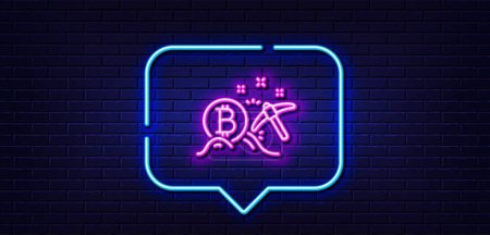 Illustration for Neon light speech bubble. Bitcoin mining line icon. Cryptocurrency coin sign. Crypto money pickaxe symbol. Neon light background. Bitcoin mining glow line. Brick wall banner. Vector - Royalty Free Image