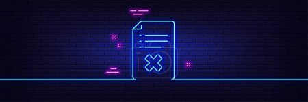 Illustration for Neon light glow effect. Reject file line icon. Decline document sign. Delete file. 3d line neon glow icon. Brick wall banner. Reject file outline. Vector - Royalty Free Image
