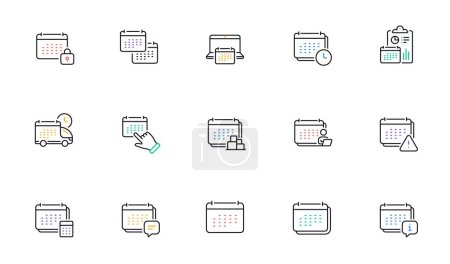Illustration for Calendar line icons. Schedule appointment, Event date, Time planner line icons. Account report, Delivery schedule and Diary planner. Event calendar, Deadline notification and month report. Vector - Royalty Free Image