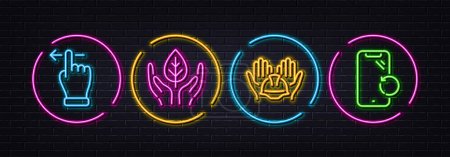 Illustration for Fair trade, Touchscreen gesture and Builders union minimal line icons. Neon laser 3d lights. Smartphone recovery icons. For web, application, printing. Safe nature, Slide left, Engineer helmet. Vector - Royalty Free Image