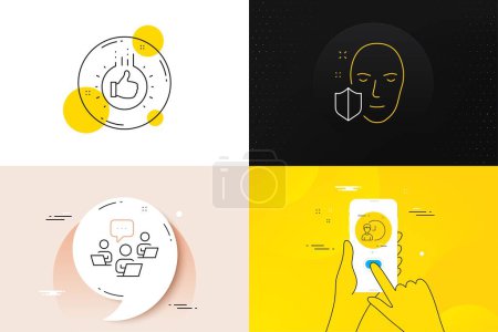 Illustration for Minimal set of Face protection, Like hand and Working hours line icons. Phone screen, Quote banners. Teamwork icons. For web development. Secure access, Thumbs up, Project deadline. Vector - Royalty Free Image