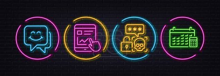 Illustration for Cyber attack, Internet report and Smile face minimal line icons. Neon laser 3d lights. Calendar icons. For web, application, printing. Password hacking, Web tutorial, Chat. Calculator device. Vector - Royalty Free Image