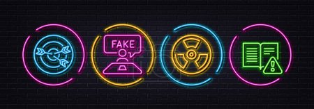 Illustration for Chemical hazard, Targeting and Fake review minimal line icons. Neon laser 3d lights. Instruction manual icons. For web, application, printing. Toxic, Target with arrows, Wrong talk. Vector - Royalty Free Image