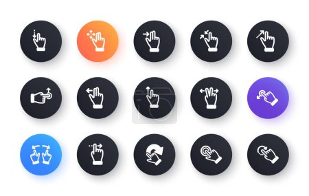 Illustration for Touchscreen gesture icons. Hand swipe, Slide gesture, Multitasking icons. Touchscreen technology, tap on screen, drag and drop. Classic set. Circle web buttons. Vector - Royalty Free Image