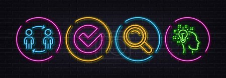 Illustration for Search, Workflow and Verify minimal line icons. Neon laser 3d lights. Idea icons. For web, application, printing. Magnifying glass, Partnership, Selected choice. Creative designer. Vector - Royalty Free Image