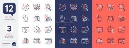 Illustration for Set of Seo gear, Buildings and Spanner line icons. Include Currency exchange, Lock, Food delivery icons. Monitor repair, Recovery tool, Search statistics web elements. Last minute. Vector - Royalty Free Image