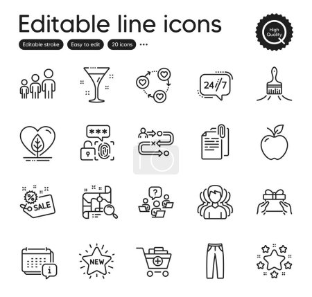 Illustration for Set of Business outline icons. Contains icons as Search map, New star and Journey path elements. Teamwork question, Document attachment, Pants web signs. Stars, 24h service. Vector - Royalty Free Image