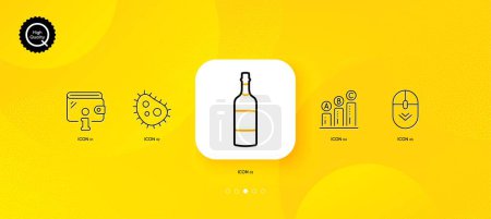 Illustration for Brandy bottle, Scroll down and Bacteria minimal line icons. Yellow abstract background. Wallet, Graph chart icons. For web, application, printing. Whiskey, Mouse swipe, Antibacterial. Vector - Royalty Free Image