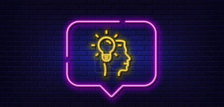 Illustration for Neon light speech bubble. Business Idea line icon. Light bulb symbol. Human head sign. Neon light background. Idea glow line. Brick wall banner. Vector - Royalty Free Image
