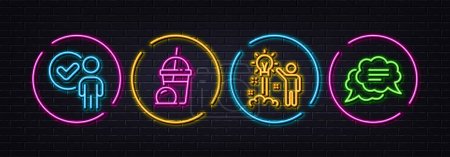 Illustration for Verification person, Creative idea and Ice cream milkshake minimal line icons. Neon laser 3d lights. Text message icons. For web, application, printing. Vector - Royalty Free Image