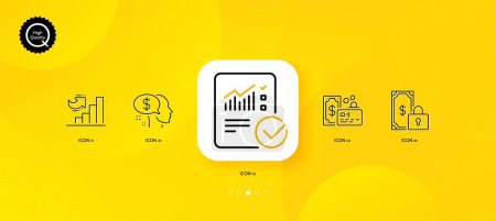 Illustration for Growth chart, Checked calculation and Private payment minimal line icons. Yellow abstract background. Card, Pay icons. For web, application, printing. Vector - Royalty Free Image
