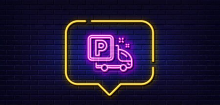 Illustration for Neon light speech bubble. Truck parking line icon. Car park sign. Transport place symbol. Neon light background. Truck parking glow line. Brick wall banner. Vector - Royalty Free Image