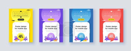 Illustration for Poster frame with phone interface. Save 75 percent off tag. Sale Discount offer price sign. Special offer symbol. Cellphone offer with quote bubble. Discount message. Vector - Royalty Free Image
