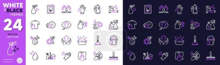 Illustration for Dirty water, Washing hands and Coronavirus spray line icons for website, printing. Collection of Wash hand, Washing cloth, Wash hands icons. Cleaning mop, Dishwasher timer. Vector - Royalty Free Image