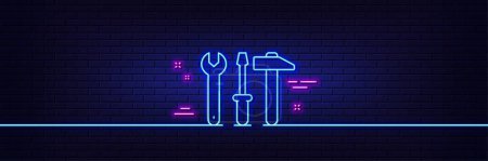 Illustration for Neon light glow effect. Spanner, hammer and screwdriver line icon. Repair service sign. Fix instruments symbol. 3d line neon glow icon. Brick wall banner. Spanner tool outline. Vector - Royalty Free Image