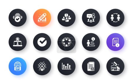 Illustration for Minimal set of Inclusion, Workflow and Inspiration flat icons for web development. Upper arrows, Teamwork question, Financial documents icons. Manual, Support, Verified internet web elements. Vector - Royalty Free Image