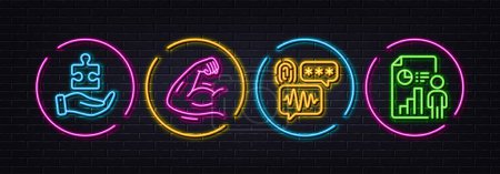 Illustration for Strong arm, Biometric security and Puzzle minimal line icons. Neon laser 3d lights. Business report icons. For web, application, printing. Muscle biceps, Fingerprint secure, Jigsaw game. Vector - Royalty Free Image