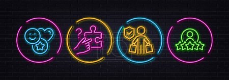 Illustration for Buyer insurance, Search puzzle and Smile minimal line icons. Neon laser 3d lights. Human rating icons. For web, application, printing. Purchase coverage, Jigsaw game, Social media likes. Vector - Royalty Free Image