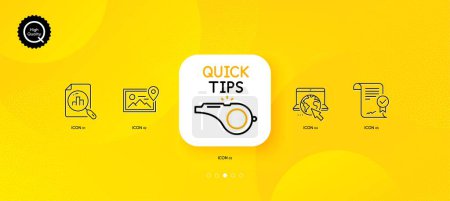 Illustration for Analytics graph, Tutorials and Photo location minimal line icons. Yellow abstract background. Internet, Approved agreement icons. For web, application, printing. Vector - Royalty Free Image