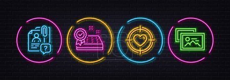 Illustration for Search employee, Valentine target and Mattress guarantee minimal line icons. Neon laser 3d lights. Photo album icons. For web, application, printing. Vector - Royalty Free Image
