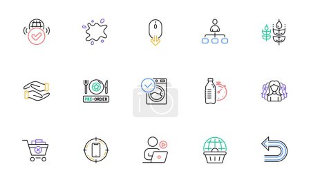 Illustration for Women group, Helping hand and Online shopping line icons for website, printing. Collection of Dirty spot, Verified internet, Remove purchase icons. Video conference, Undo. Vector - Royalty Free Image