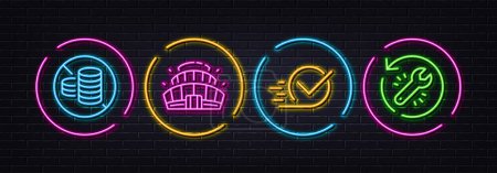 Illustration for Arena stadium, Checkbox and No cash minimal line icons. Neon laser 3d lights. Recovery tool icons. For web, application, printing. Competition building, Approved, Tax free. Backup info. Vector - Royalty Free Image