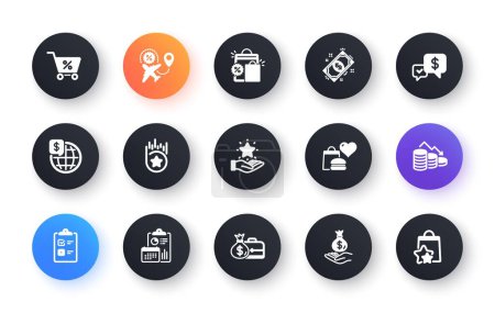 Illustration for Minimal set of Checklist, Payment and Payment received flat icons for web development. Loyalty program, Money loss, Shopping bags icons. Income money, Food donation, Flight sale web elements. Vector - Royalty Free Image