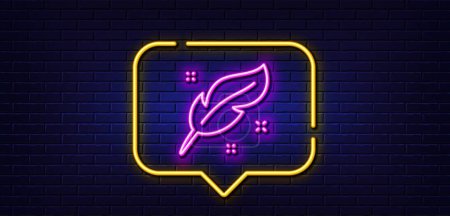 Illustration for Neon light speech bubble. Feather quill pen line icon. Calligraphy nib sign. Lightweight symbol. Neon light background. Feather glow line. Brick wall banner. Vector - Royalty Free Image