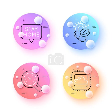 Illustration for Stay home, Cloud computing and Coronavirus pills minimal line icons. 3d spheres or balls buttons. Time management icons. For web, application, printing. Vector - Royalty Free Image