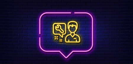 Illustration for Neon light speech bubble. Spanner tool line icon. Repairman service sign. Fix instruments symbol. Neon light background. Repairman glow line. Brick wall banner. Vector - Royalty Free Image