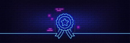 Illustration for Neon light glow effect. Winner ribbon line icon. Award medal sign. Best achievement symbol. 3d line neon glow icon. Brick wall banner. Winner ribbon outline. Vector - Royalty Free Image