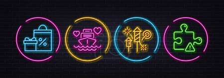 Illustration for Fireworks rocket, Shopping and Honeymoon cruise minimal line icons. Neon laser 3d lights. Puzzle icons. For web, application, printing. Pyrotechnic salute, Gifts and sales, Romantic cruiser. Vector - Royalty Free Image