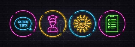 Illustration for Cyber attack, Student and Quickstart guide minimal line icons. Neon laser 3d lights. Checklist icons. For web, application, printing. Hacker skull, Graduation cap, Helpful tricks. Data list. Vector - Royalty Free Image