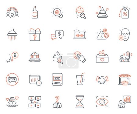 Illustration for Business icons set. Included icon as Inspect, Time hourglass and Employees handshake web elements. Innovation, Hiring employees, Online market icons. Calendar, Warning. Vector - Royalty Free Image
