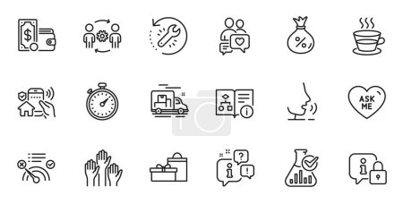 Illustration for Outline set of Voting hands, Recovery tool and House security line icons for web application. Talk, information, delivery truck outline icon. Include Dating chat, Loan, Gifts icons. Vector - Royalty Free Image