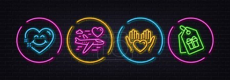 Illustration for Hold heart, Honeymoon travel and Smile face minimal line icons. Neon laser 3d lights. Coupons icons. For web, application, printing. Care love, Love trip, Shopping tags. Neon lights buttons. Vector - Royalty Free Image