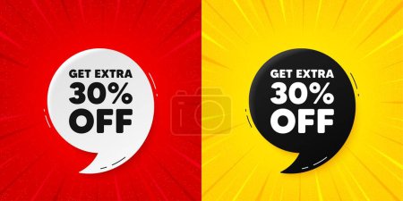 Illustration for Get Extra 30 percent off Sale. Flash offer banner with quote. Discount offer price sign. Special offer symbol. Save 30 percentages. Starburst beam banner. Extra discount speech bubble. Vector - Royalty Free Image
