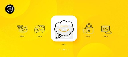 Illustration for Photo cloud, Heart and Security lock minimal line icons. Yellow abstract background. Quick tips, Smile icons. For web, application, printing. Image hub, Star rating, Shield protection. Vector - Royalty Free Image