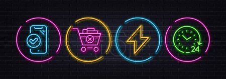 Illustration for Approved phone, Energy and Remove purchase minimal line icons. Neon laser 3d lights. 24 hours icons. For web, application, printing. Verified smartphone, Thunderbolt, Delete from cart. Time. Vector - Royalty Free Image