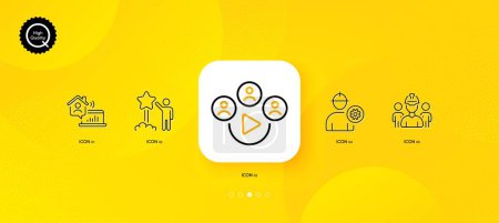 Illustration for Engineer, Star and Engineering team minimal line icons. Yellow abstract background. Video conference, Work home icons. For web, application, printing. Vector - Royalty Free Image