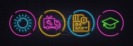 Illustration for Car service, Card and Sunny weather minimal line icons. Neon laser 3d lights. Graduation cap icons. For web, application, printing. Repair service, Bank payment, Sun. University. Vector - Royalty Free Image