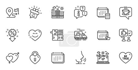 Illustration for Outline set of Puzzle, Hotel and Discount line icons for web application. Talk, information, delivery truck outline icon. Include Male female, Journey, Puzzle game icons. Vector - Royalty Free Image