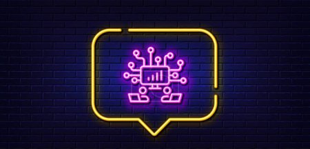 Illustration for Neon light speech bubble. Teamwork line icon. Remote office sign. Team employees symbol. Neon light background. Teamwork glow line. Brick wall banner. Vector - Royalty Free Image