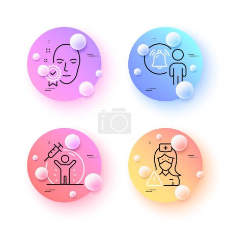 Illustration for Nurse, Face verified and Vaccine protection minimal line icons. 3d spheres or balls buttons. User notification icons. For web, application, printing. Medical mask, Access granted, Vaccination. Vector - Royalty Free Image