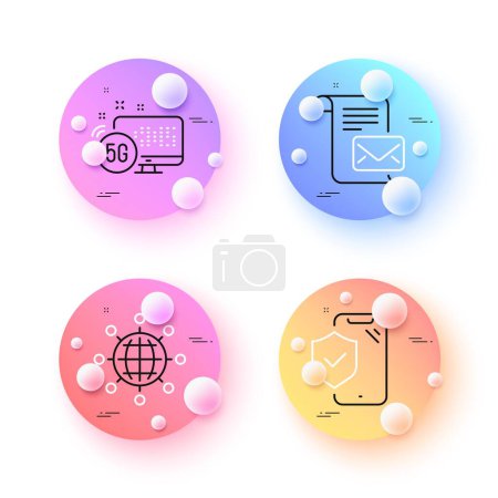 Ilustración de 5g de Internet, el mundo internacional y el teléfono de seguros mínimos iconos de línea. esferas 3d o botones de bolas. Iconos de cartas de correo. Para web, aplicación, impresión. Vector - Imagen libre de derechos