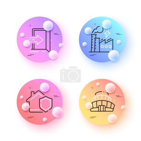 Illustration for Electricity factory, Home insurance and Entrance minimal line icons. 3d spheres or balls buttons. Arena stadium icons. For web, application, printing. Electric power, House secure, Open door. Vector - Royalty Free Image