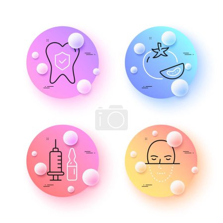 Illustration for Tomato, Face recognition and Dental insurance minimal line icons. 3d spheres or balls buttons. Medical vaccination icons. For web, application, printing. Vector - Royalty Free Image