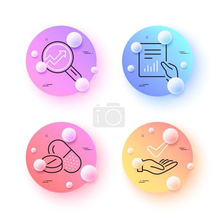 Illustration for Dermatologically tested, Medical drugs and Document minimal line icons. 3d spheres or balls buttons. Analytics icons. For web, application, printing. Organic, Medicine pills, File with diagram. Vector - Royalty Free Image
