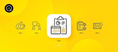 Illustration for Download photo, People chatting and Report minimal line icons. Yellow abstract background. Dumbbell, Coffee cup icons. For web, application, printing. Image placeholder, Conference, Accounting. Vector - Royalty Free Image