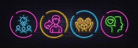 Illustration for Business idea, Share and Hold box minimal line icons. Neon laser 3d lights. Romantic talk icons. For web, application, printing. Meeting people, Male user, Delivery parcel. Love chat. Vector - Royalty Free Image